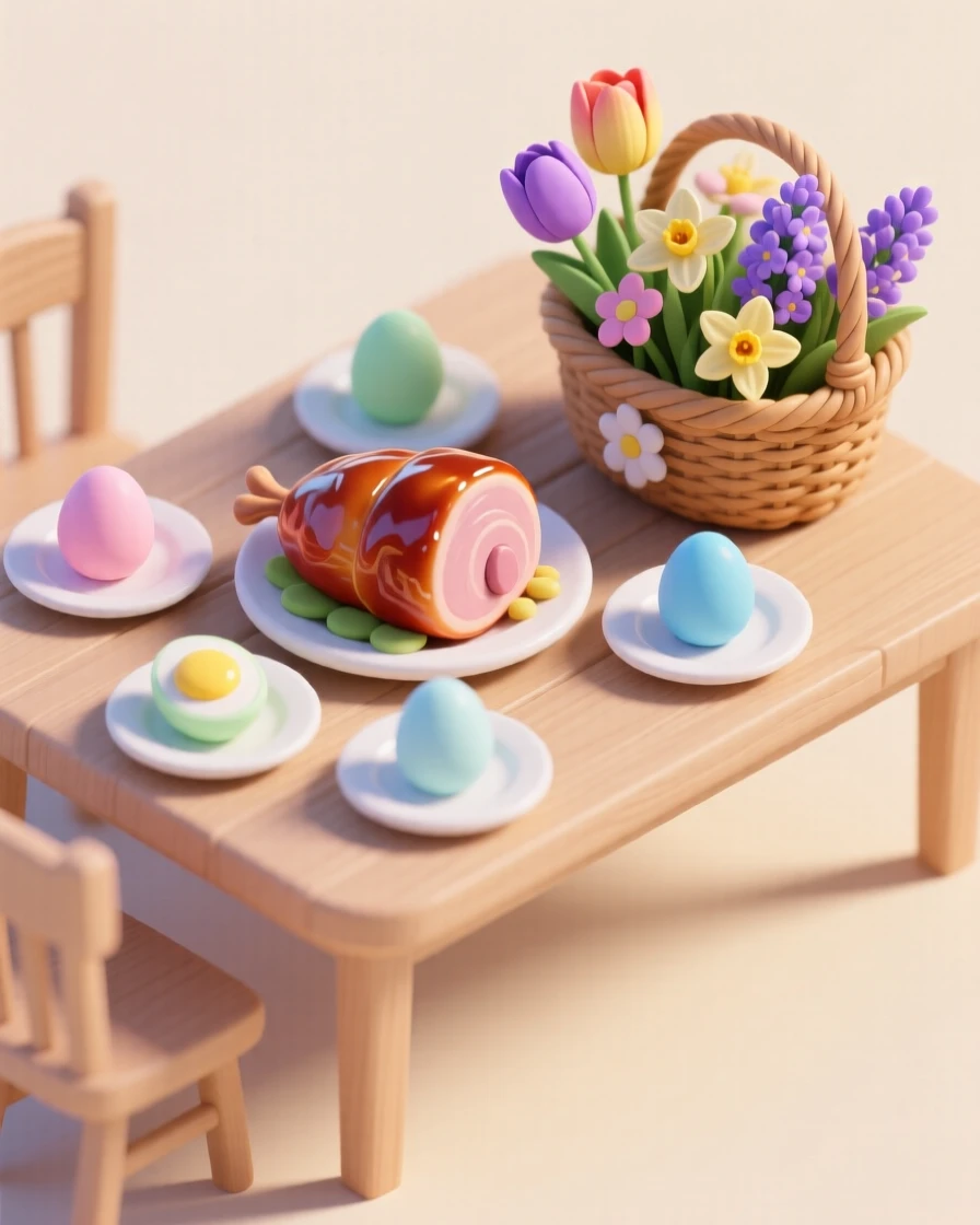 A spring Easter brunch scene with a table of pastel deviled eggs, a ham centerpiece, and a basket of colorful blooms.