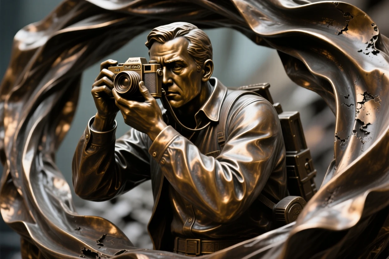 A war photographer capturing a fleeting moment of peace, amid a swirl of dramatic drapery, forming a strong central focal point