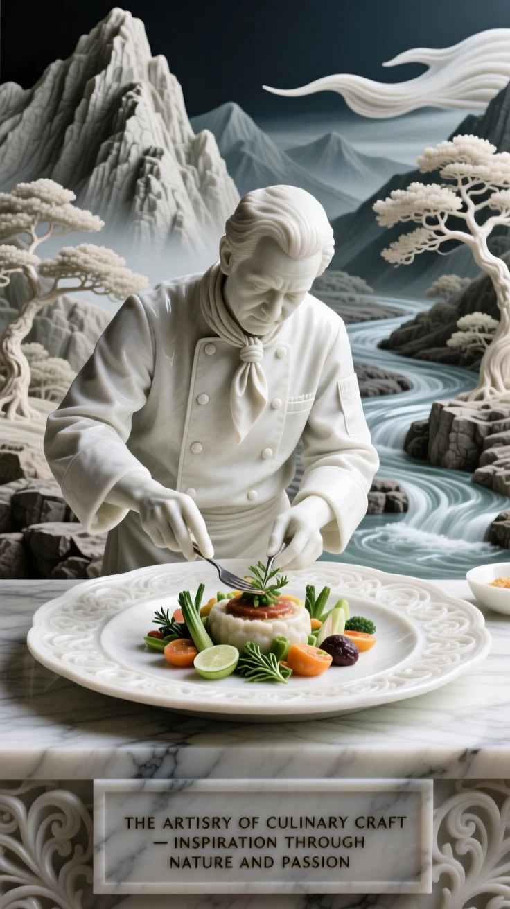 A vivid, emotionally rich scene of a chef plating a beautifully arranged dish, framed by dramatic natural scenery, designed to captivate and inspire