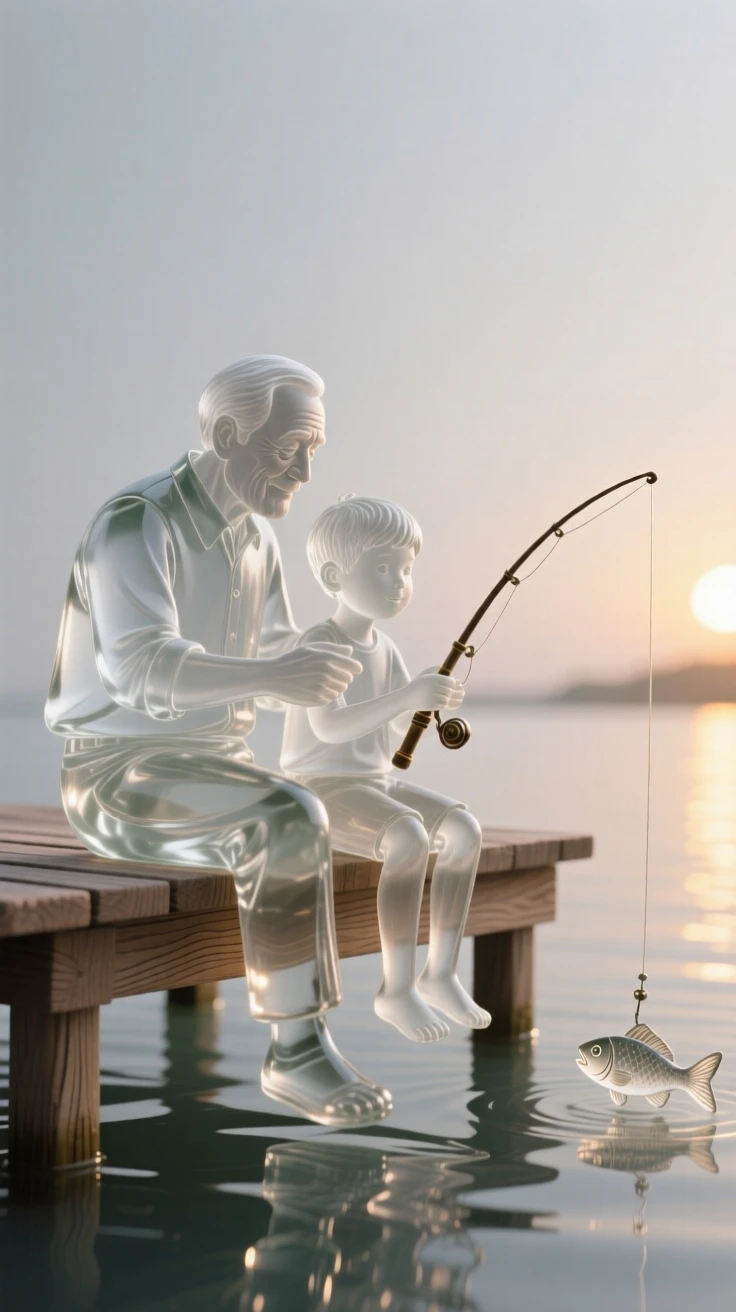 As gentle laughter fills the air around them, a grandfather teaching his grandson to fish at sunrise