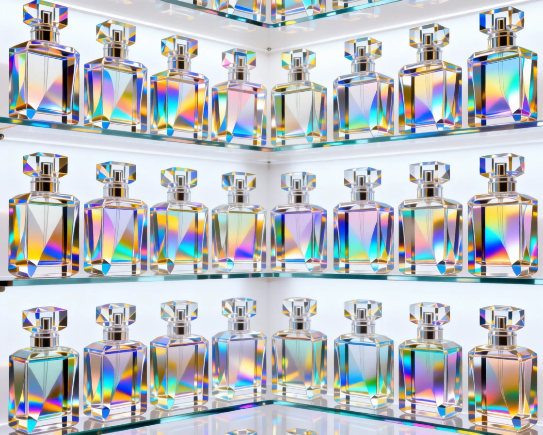 A luxury perfume counter display with rows of elegant glass bottles.