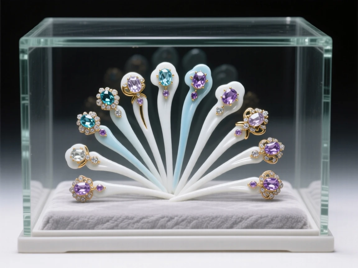 A collection of jeweled hairpins arranged in a glass display case, evoking a sense of collected treasure.