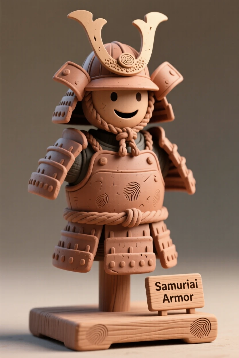 A traditional samurai armor displayed on a wooden stand