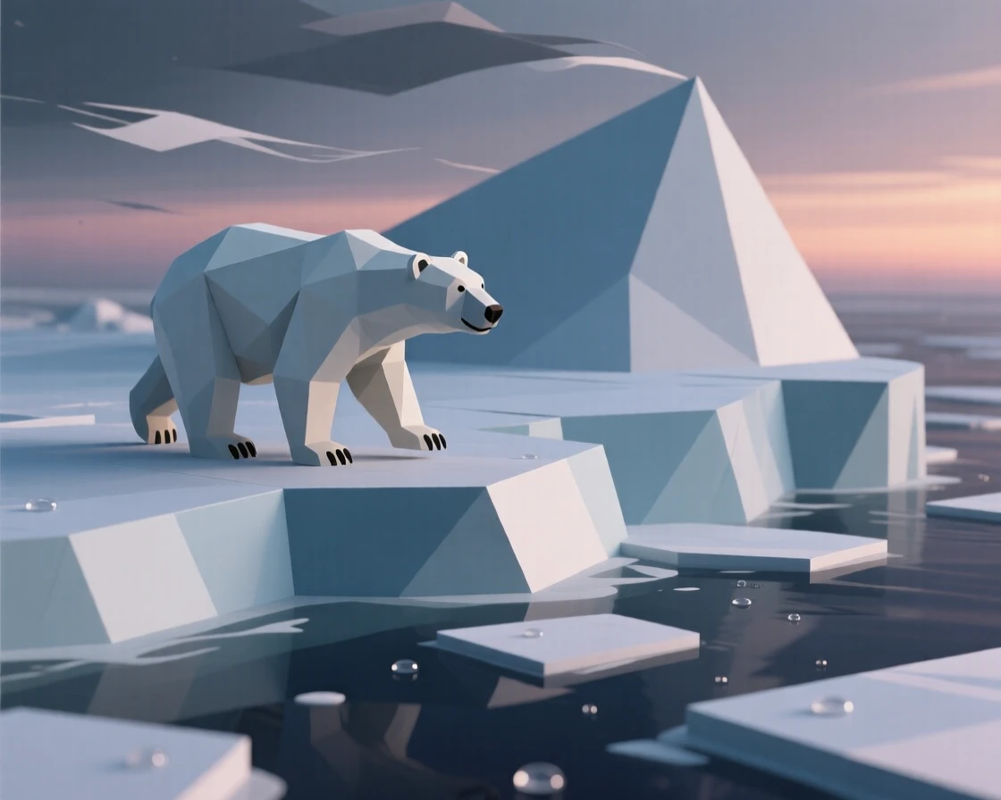 A polar bear walking across drifting ice, on a windswept ridge at dusk. water droplets and fine textures catch the light. A feeling of serenity washes over the moment.