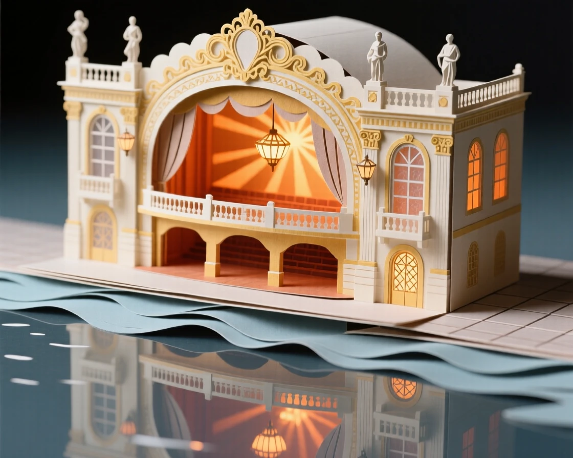 An ornate opera house auditorium reflecting brilliantly in nearby still water, with warm interior light spilling outward, evoking timeless grandeur and reverence.