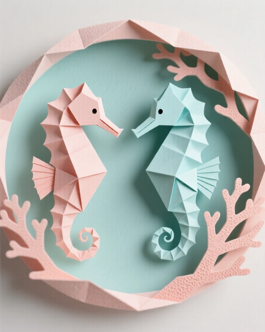An elegant seahorse pair facing each other within a circular coral frame.