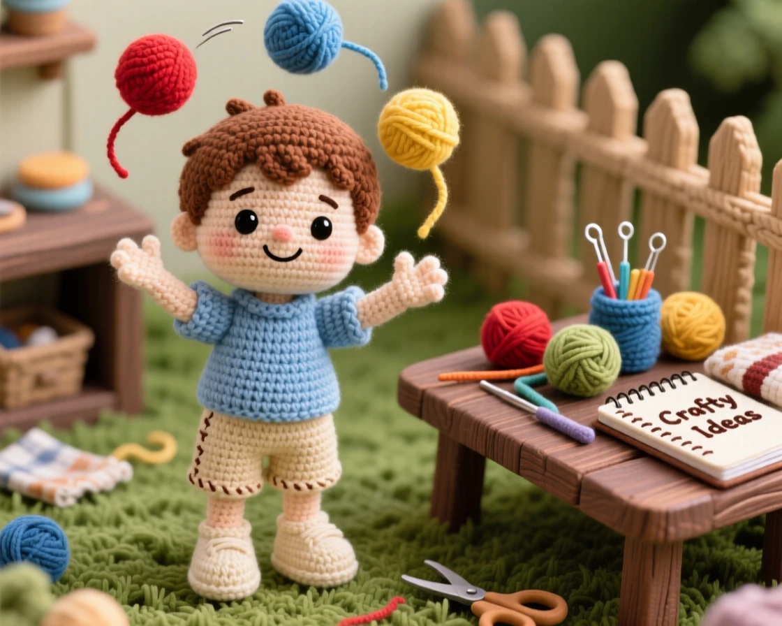 A cheerful scene of a small boy learning to juggle with three colorful balls in motion, concentrating hard on the rhythm within a quiet backyard workshop; a scattering of craft supplies on the table nearby, full of joyful discovery and playful learning.