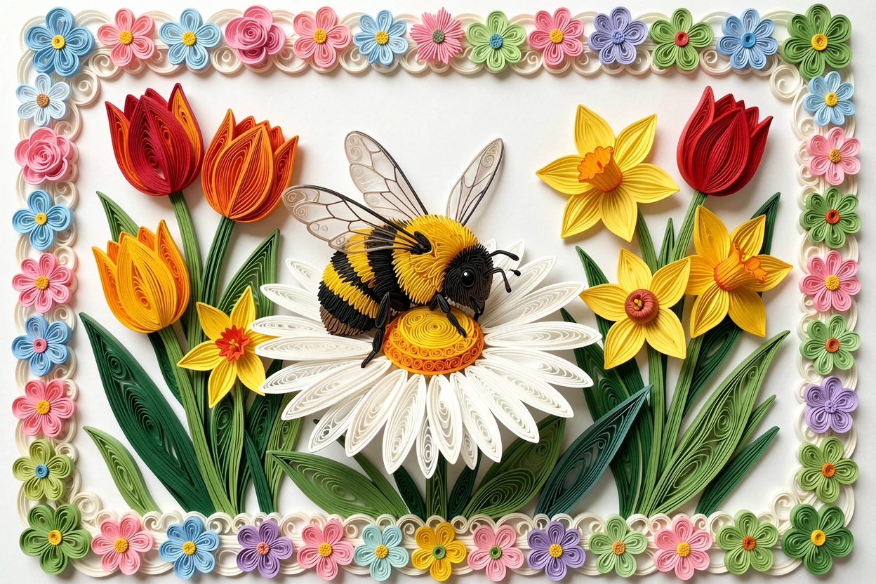 a chubby bumblebee resting on a daisy in a garden bursting with tulips and daffodils, with delicate lace-like texture along the edges, surrounded by a loose border of small flowers.