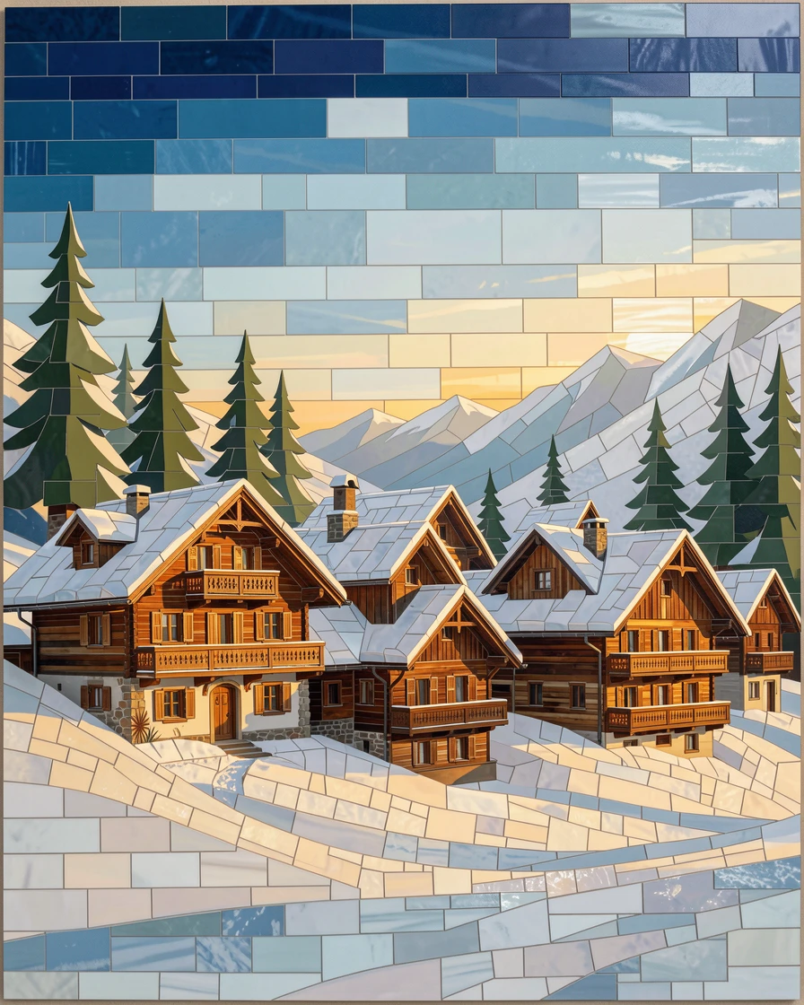 A breathtaking wide-angle view of a snow-covered Swiss alpine village with wooden chalets, with rich warm lighting and fine architectural detail.