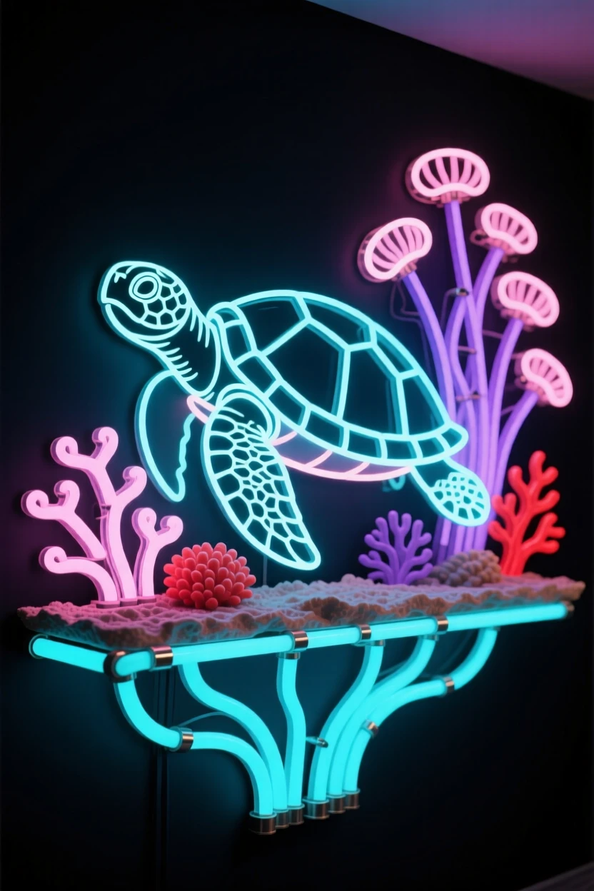 A sea turtle resting among anemones on a coral shelf.