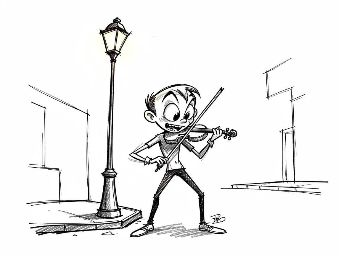 A violinist playing beneath a streetlamp on a quiet street corner at dusk.