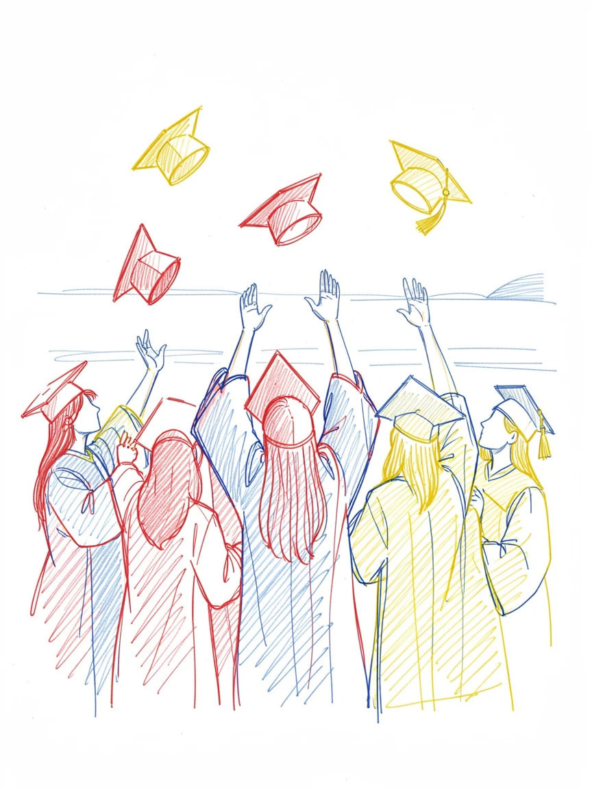 A graduation ceremony with caps thrown triumphantly into the air