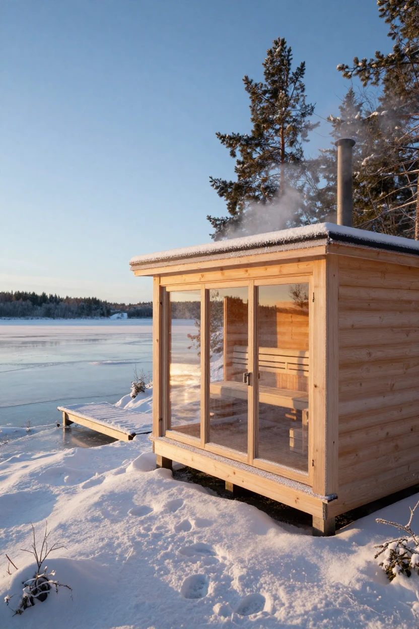 A Nordic sauna overlooking a frozen lake