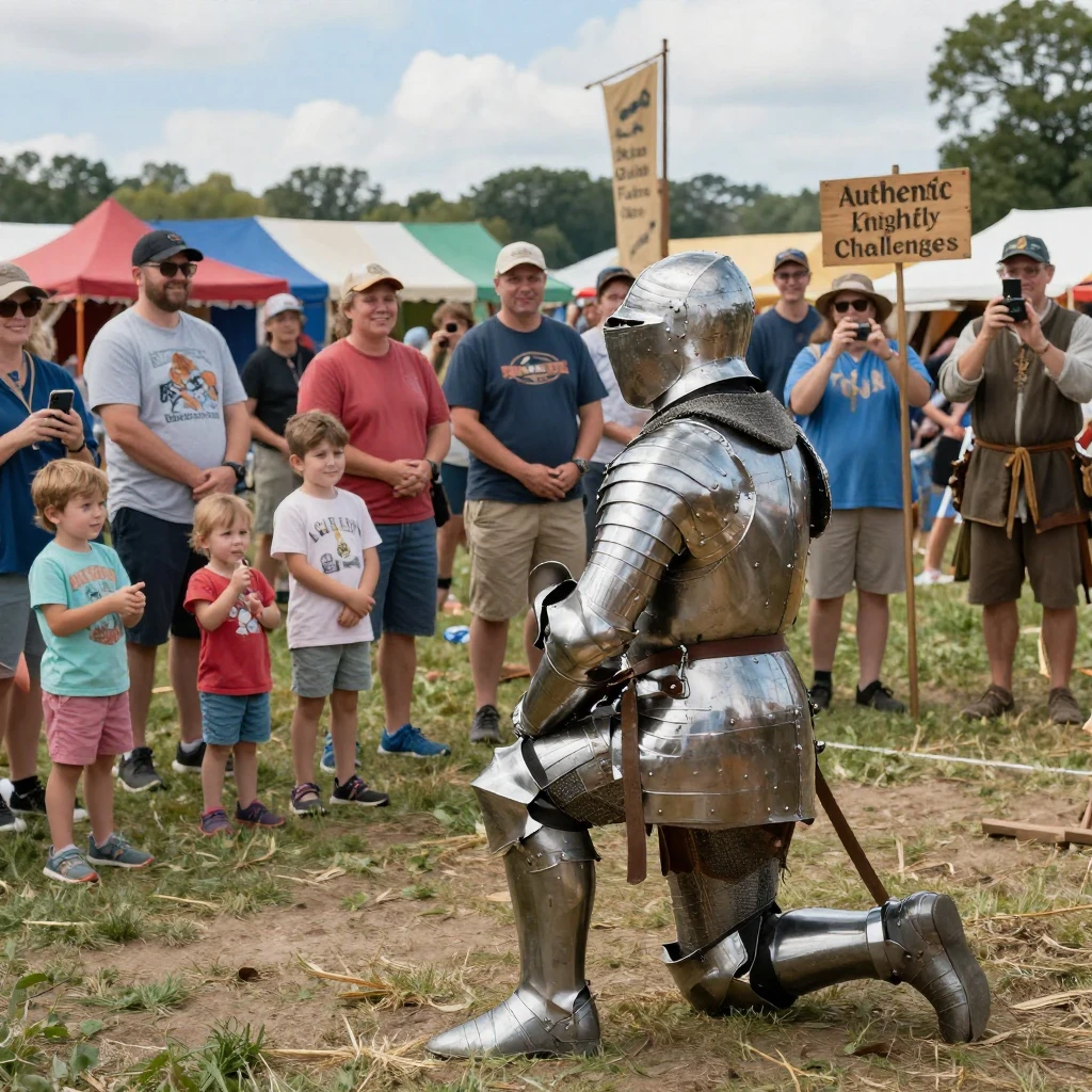A knight in polished armor kneels before a crowd during a medieval reenactment festival.