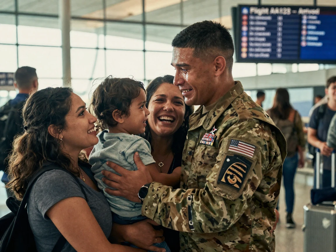 A soldier reuniting with his family at the airport, tears and laughter mixing together