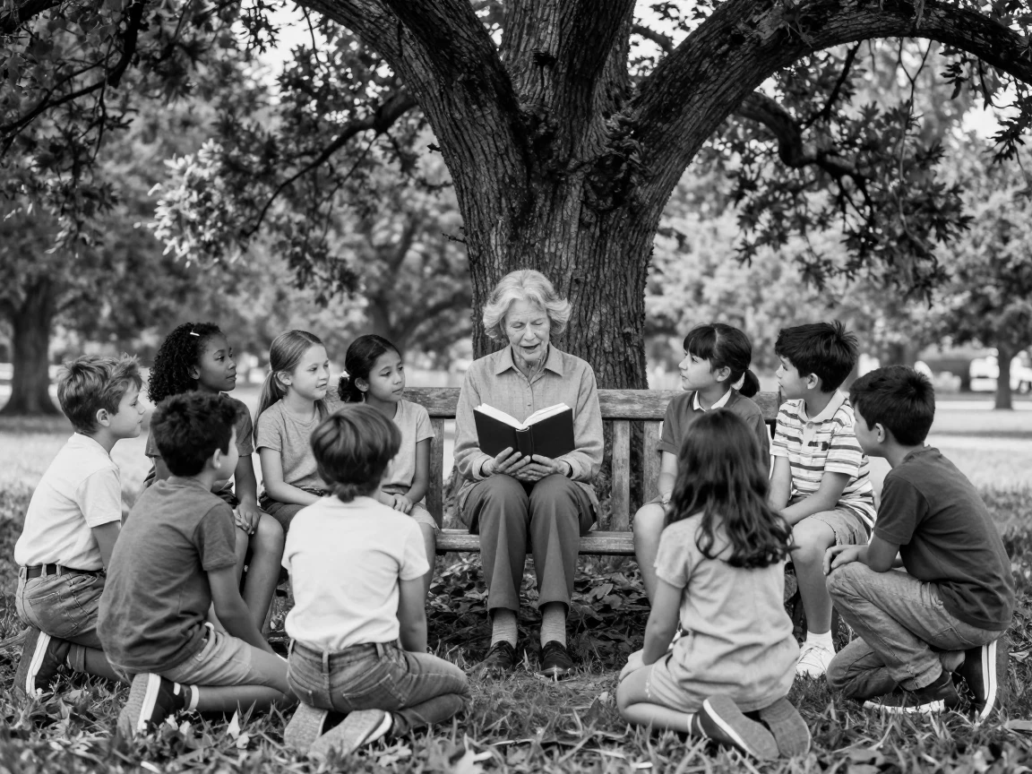 A retired teacher reads aloud to a circle of children on a park bench under an old oak tree.