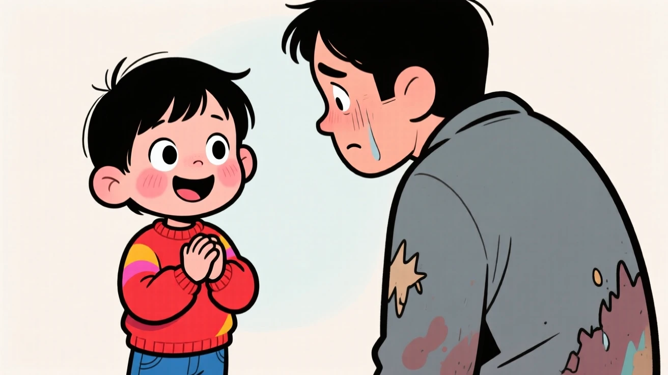 A heartwarming moment depicting a young child offering a kind gesture to someone in need, with hands clasped tightly together.