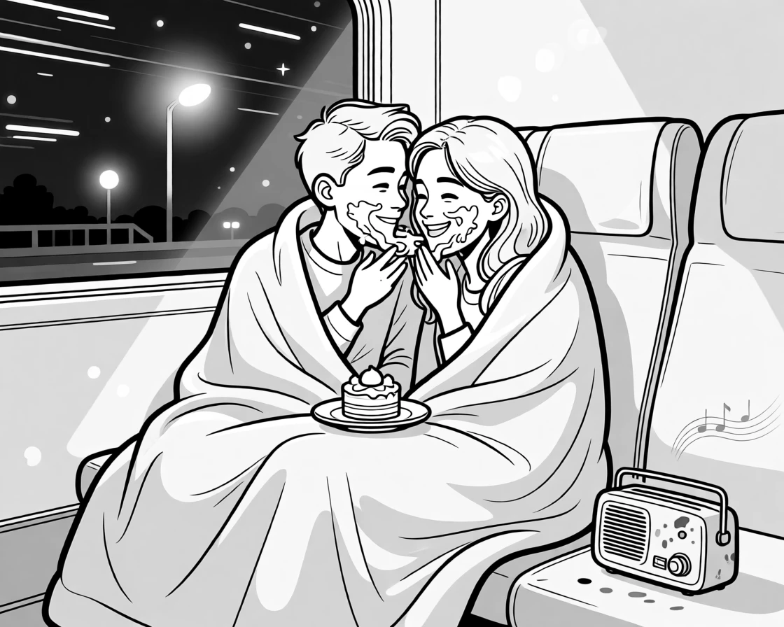 A couple stargazing wrapped in one oversized blanket, smearing more frosting than actually gets eaten, set on a train seat lit by passing streetlights. A paint-stained radio plays faintly in the background. The image glows with easy, unforced affection.