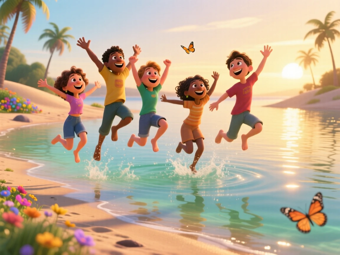 A group of friends jumping joyfully into a lake unfolds on a quiet beach at sunrise, with warm sunlight catching every smile. Pure joy and warmth radiate from the scene.