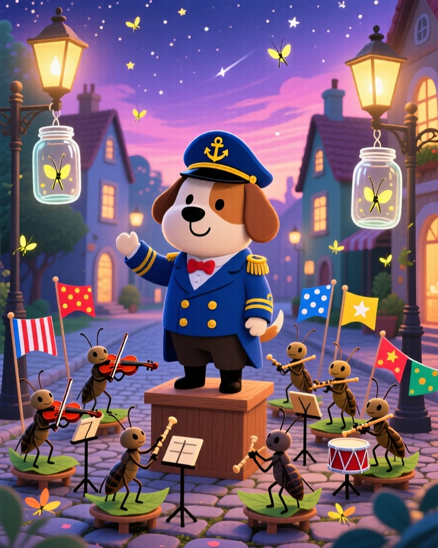 In a town where the streetlights are fireflies in jars, a dog dressed as a sea captain spends the day conducting an orchestra of chirping crickets, with tiny flags fluttering in a light breeze.