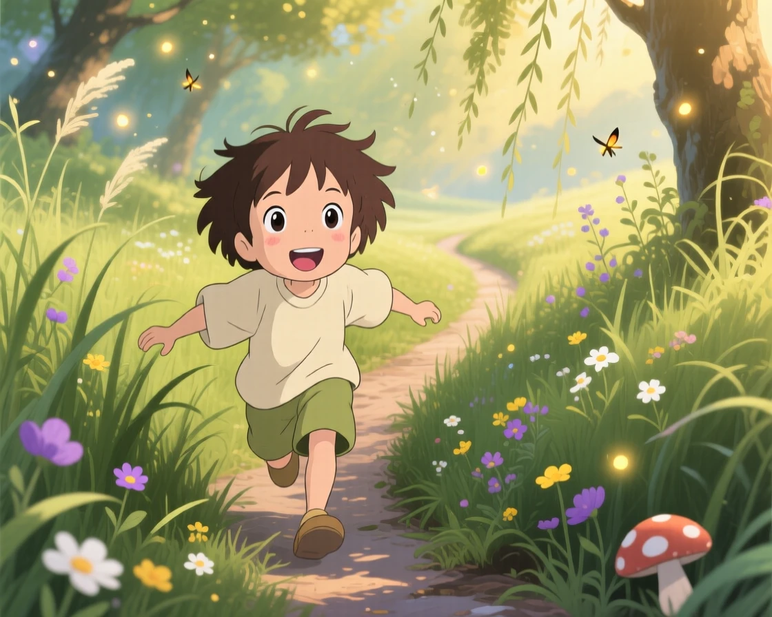 A child discovering a hidden path through tall grass, the moment carefree and joyful.