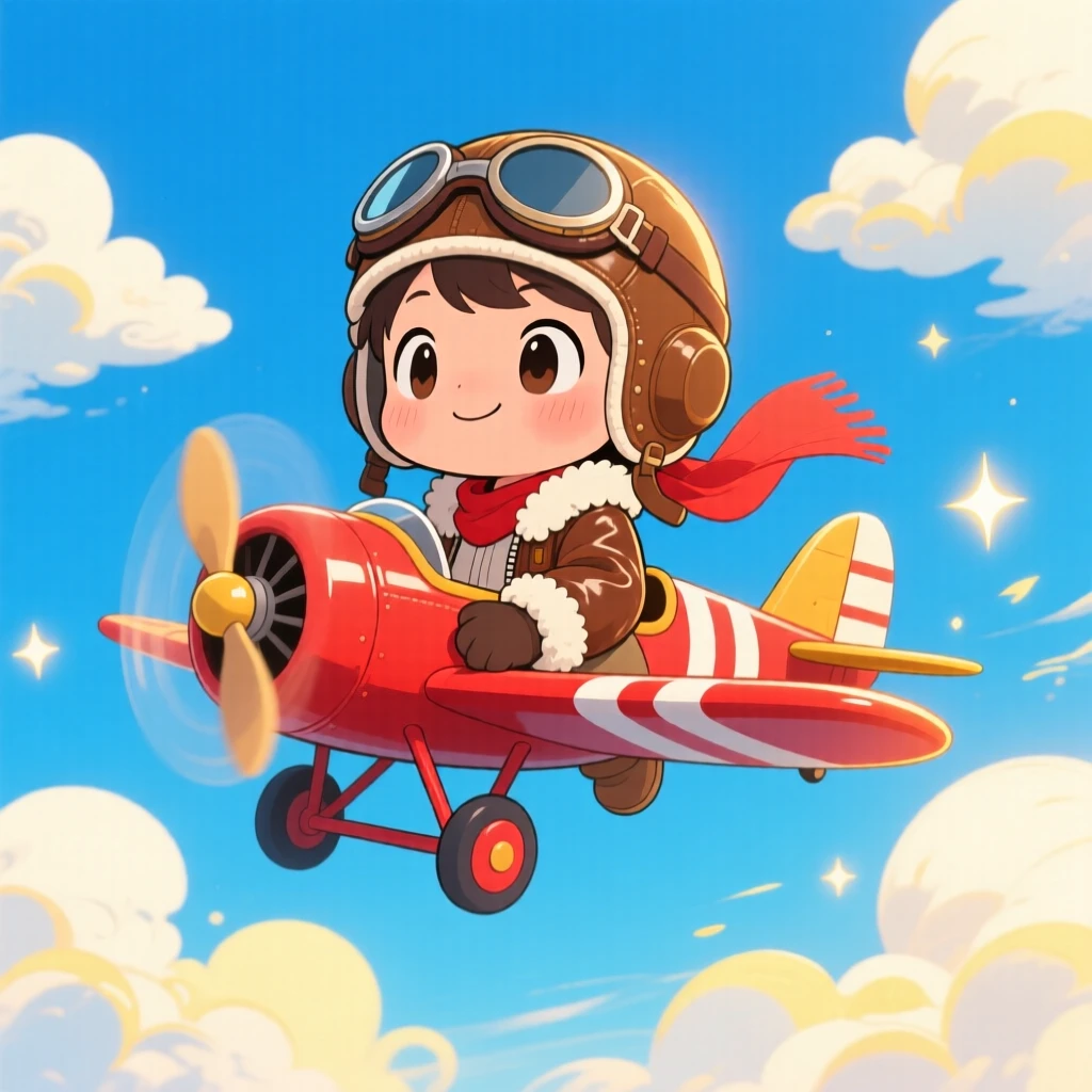 In a bright blue sky, a child pilot is steering a biplane through fluffy clouds beneath fluffy drifting clouds, bathed in warm fairy-light glow, expression full of proud determination. Shot as a wide establishing shot.