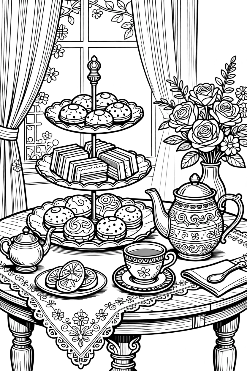 A cozy afternoon tea scene with tiered trays of scones and finger sandwiches.