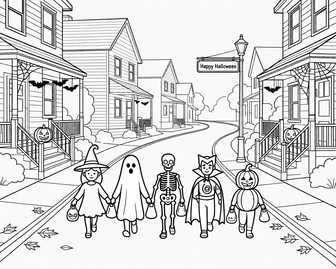 A group of trick-or-treaters walking down a decorated street