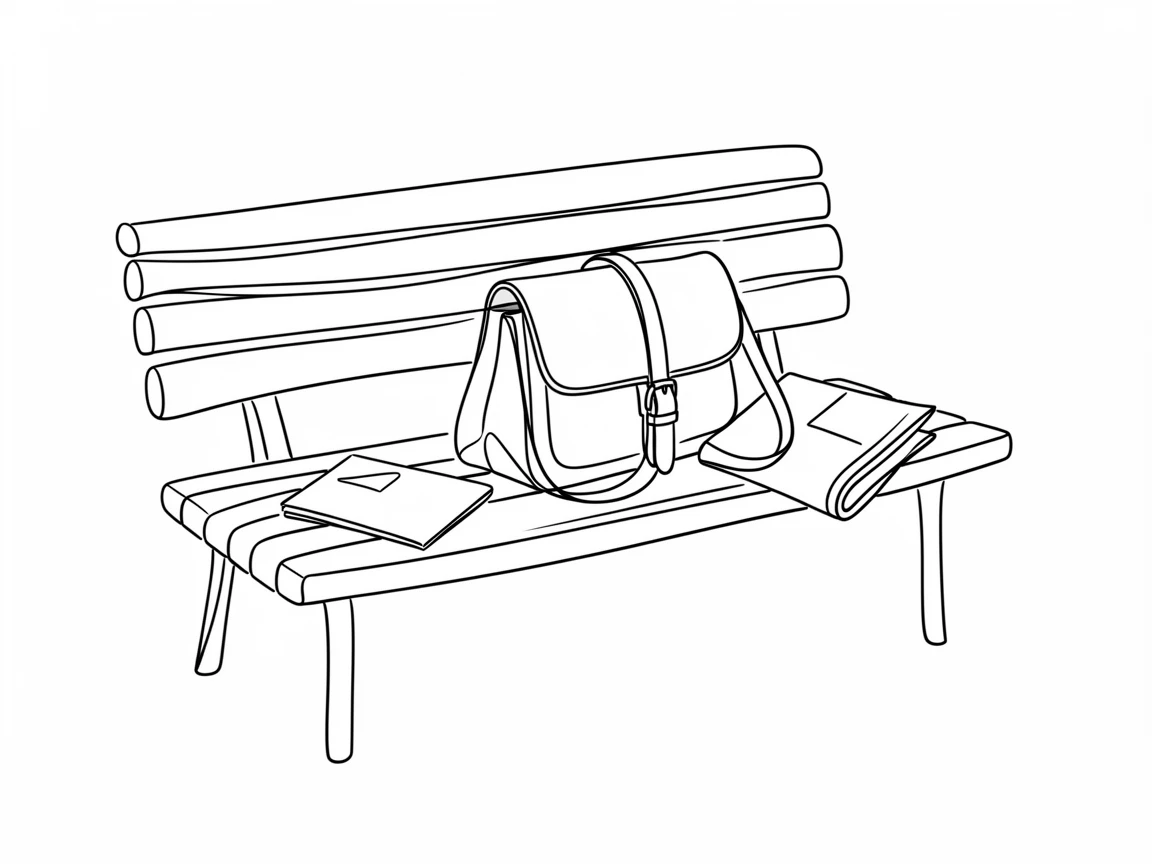 A leather satchel resting on a wooden bench beside a folded newspaper