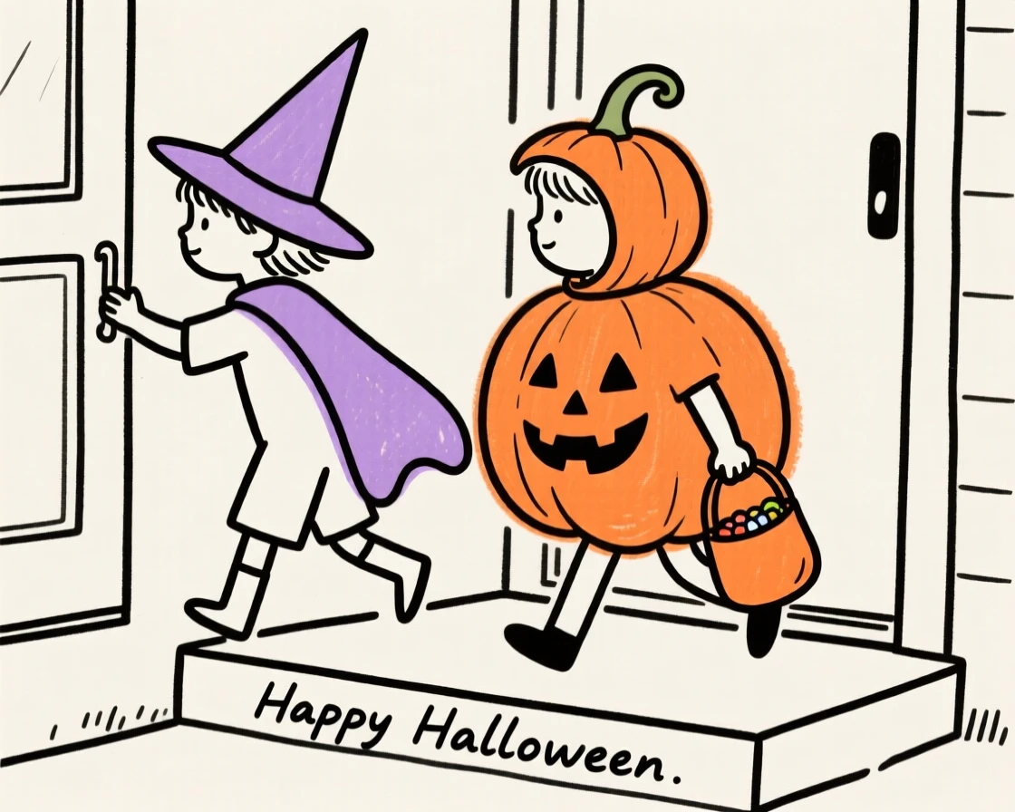 Children trick-or-treating in costumes
