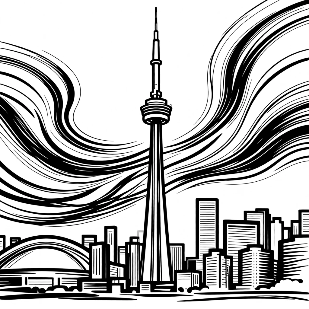 The CN Tower rising above the Toronto skyline at dusk.