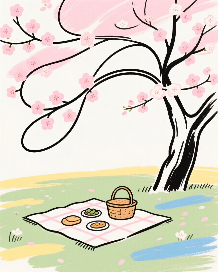 A spring picnic under a blossoming cherry tree.