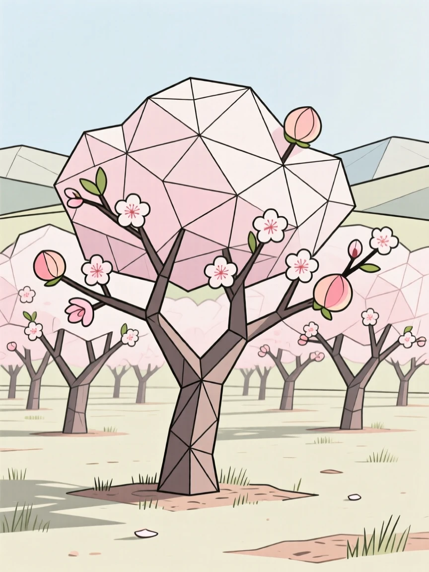 An orchard of blossoming peach trees in spring