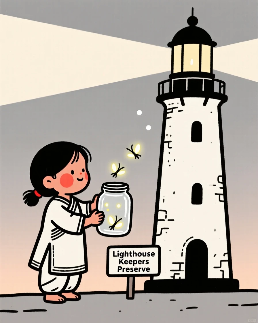 A small child of Indian heritage catching fireflies in a jar at dusk, beside an old lighthouse.