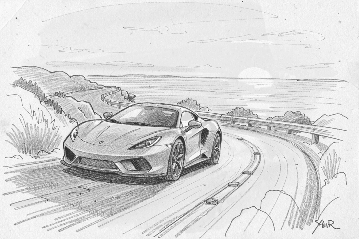 A striking scene of a sleek sports car parked at sunset along a winding coastal road, with warm evening light glowing across its surface.