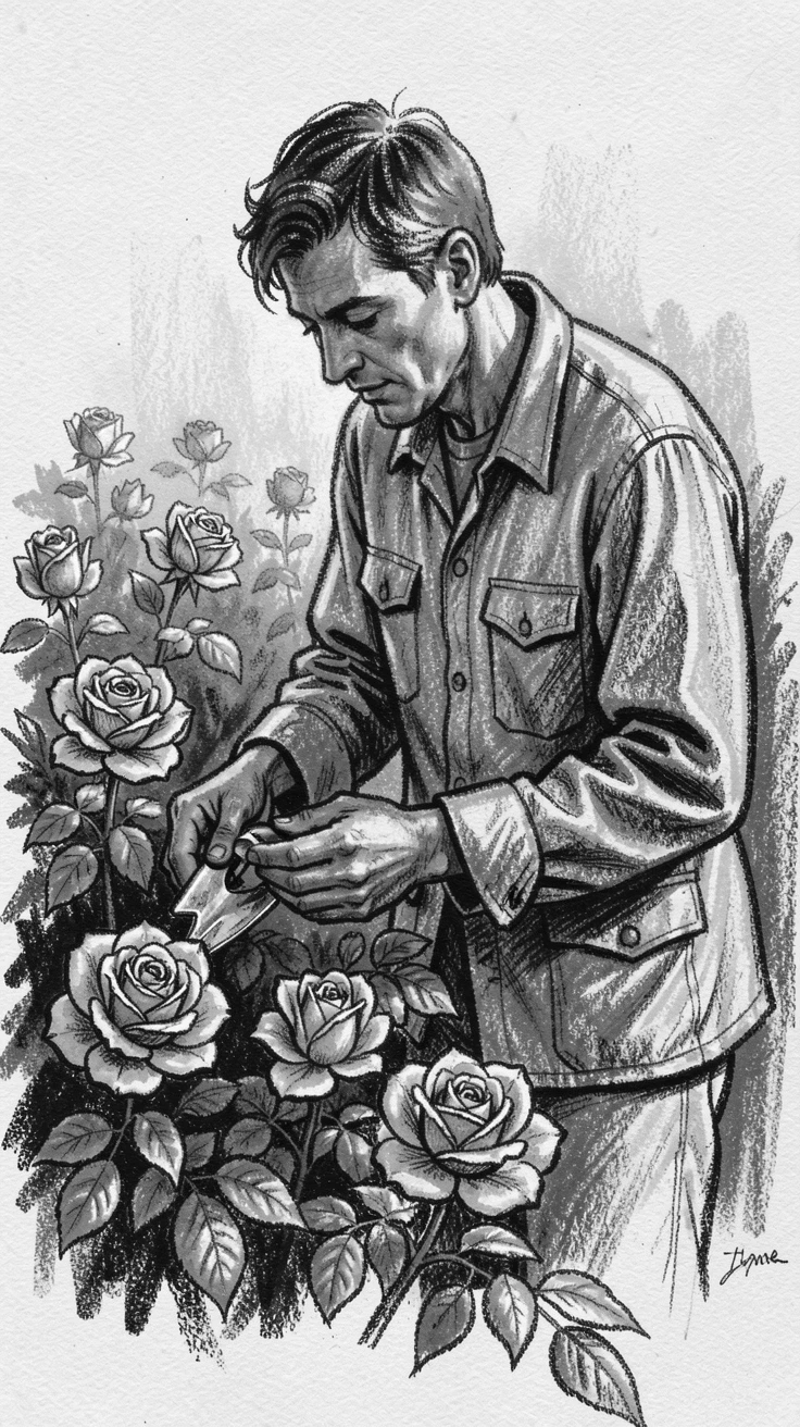 A gardener tending to a row of blooming roses, in the warm glow of early morning light.