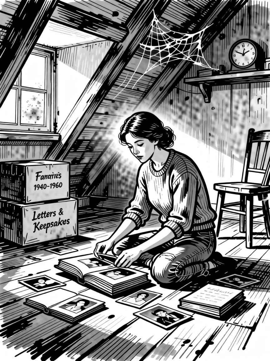 A woman sorting through old photographs in a quiet attic.