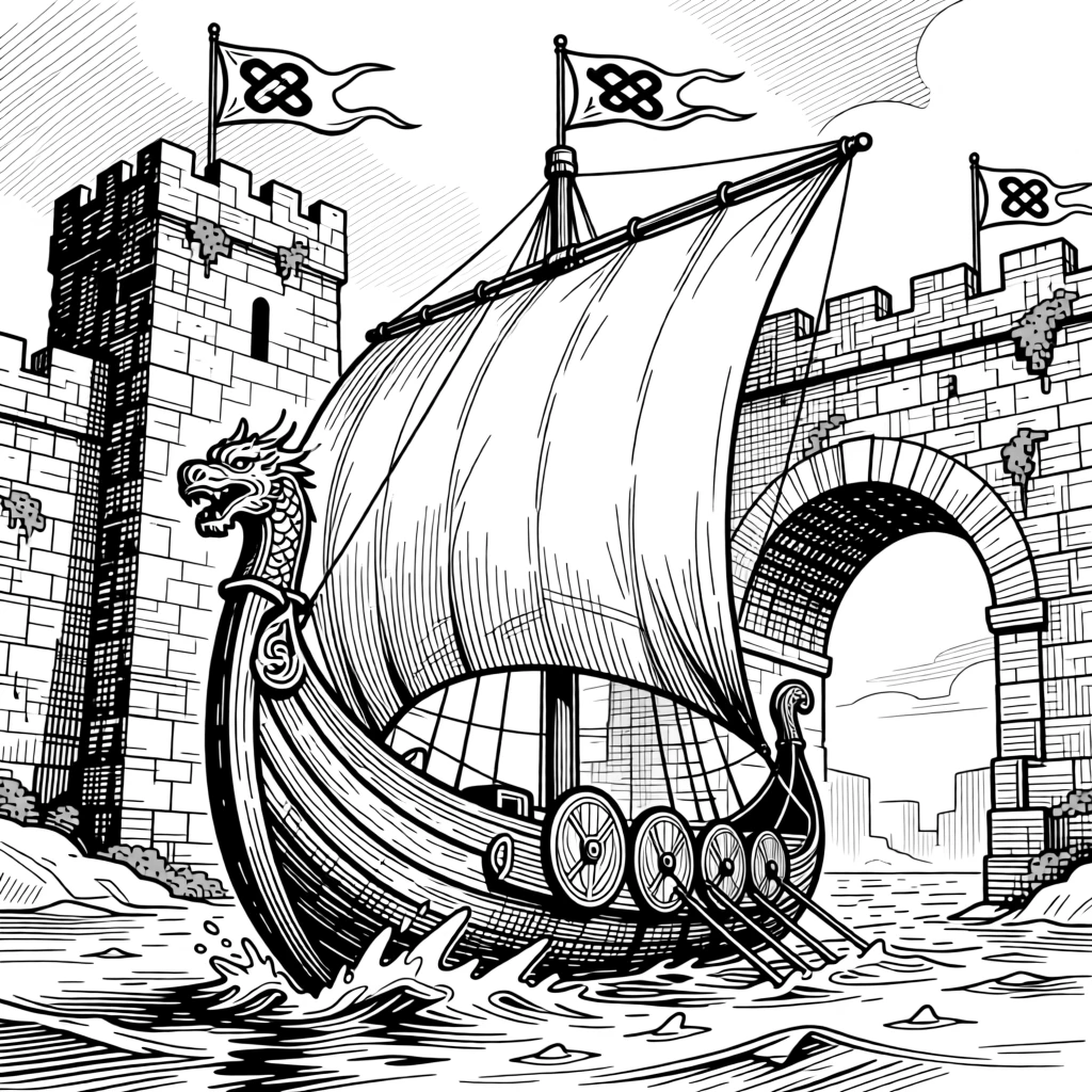 A viking longship cutting through icy waters surrounded by ancient stone architecture, with banners and flags marking the occasion, portrayed in a quietly majestic historical scene.
