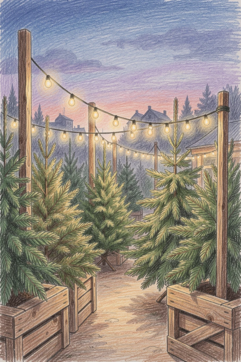 A rustic Christmas tree lot glowing with string lights at dusk, set against a softly lit, atmospheric backdrop, capturing a quiet story that lingers with the viewer.