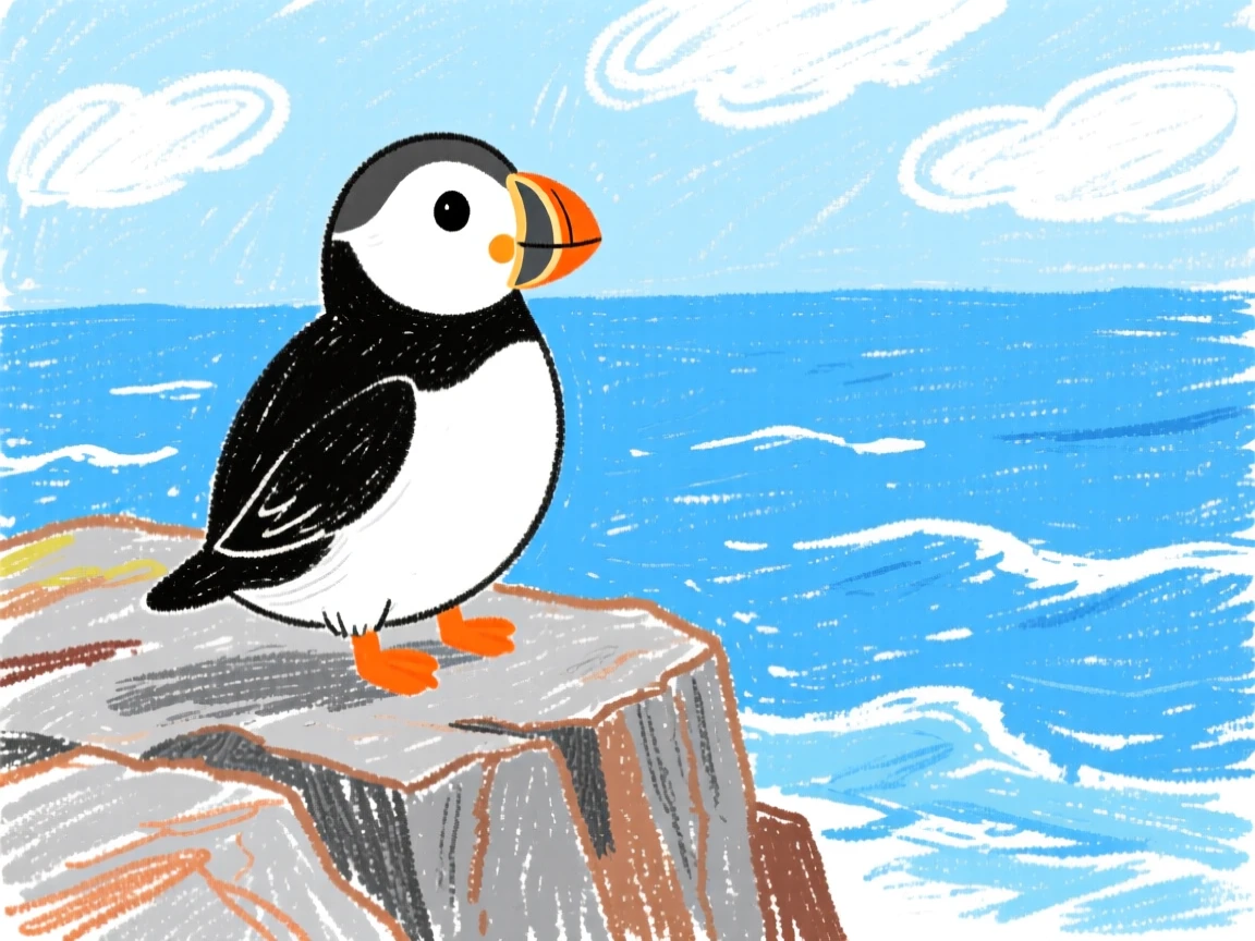 A puffin standing on a rocky cliff overlooking the ocean.