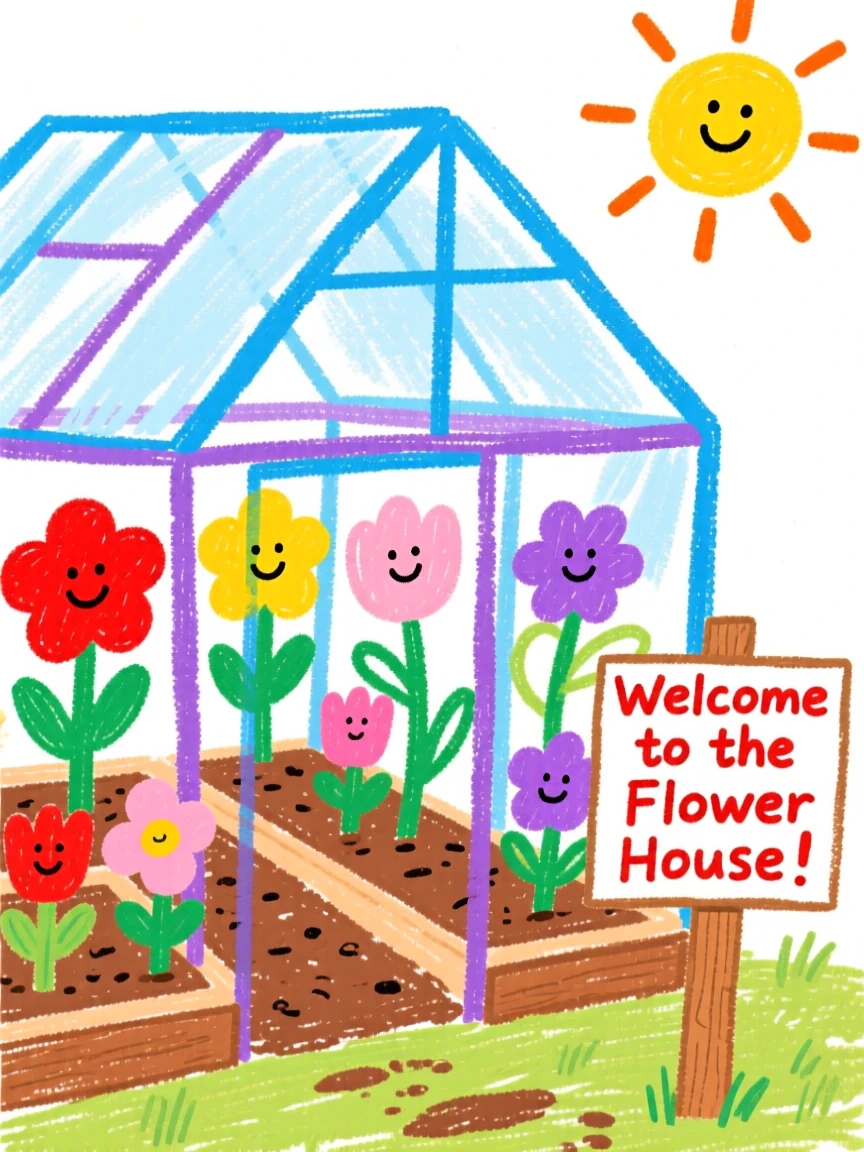 A greenhouse filled with rows of blooming flowers.