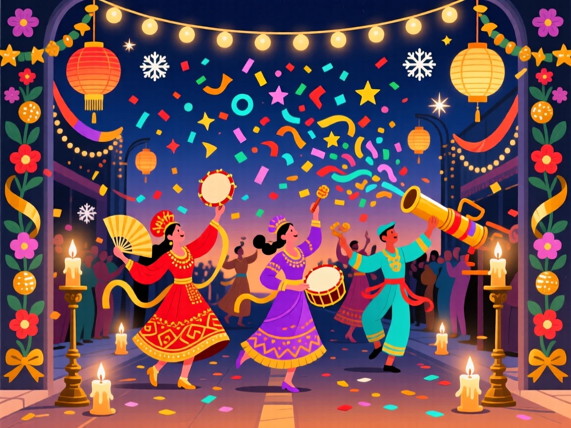 A colorful New Year's parade with dancers and confetti cannons, surrounded by joyful decorations and warm candlelight, framed with decorations arranged symmetrically for balance, with warm twinkling lights adding a magical sparkle.
