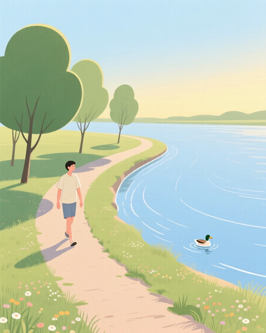 A summer scene of a quiet morning walk in a riverside path.