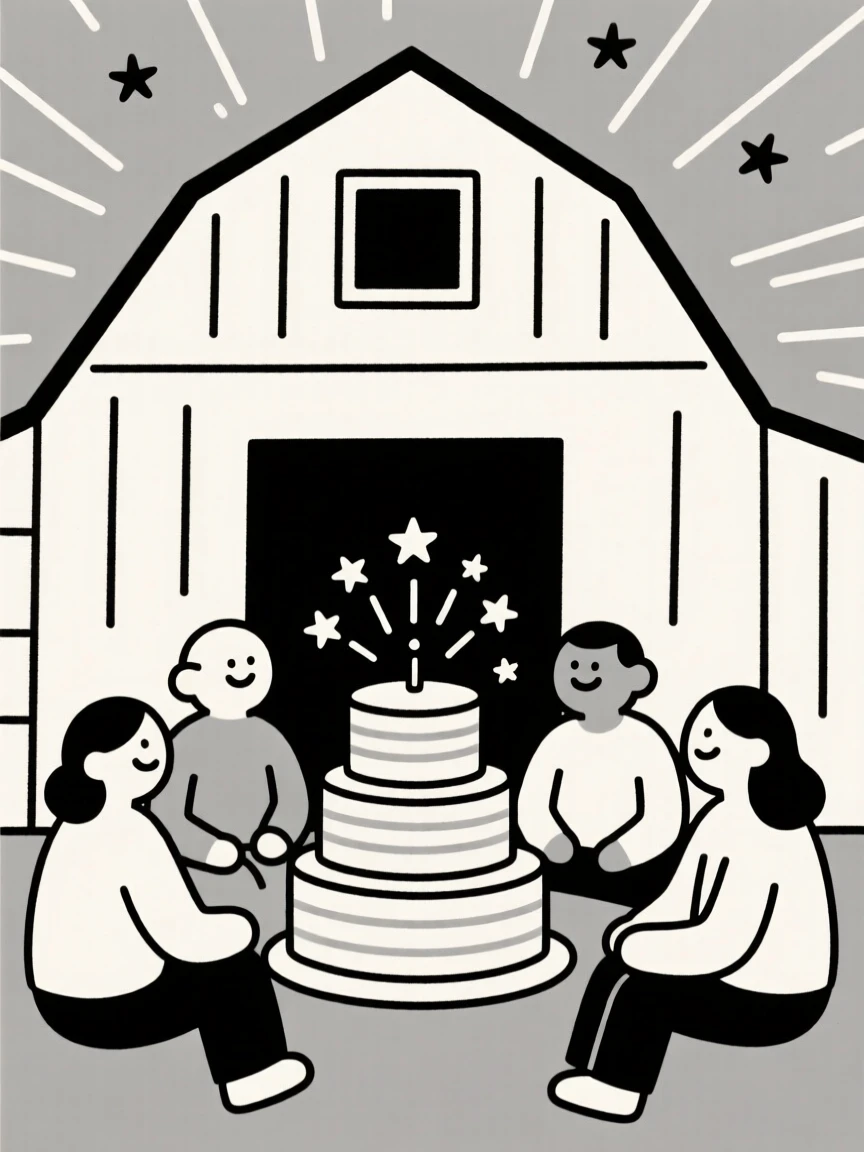Friends gathered for a family reunion in a rustic barn, surrounded by a tiered celebration cake, radiating joyful celebration.