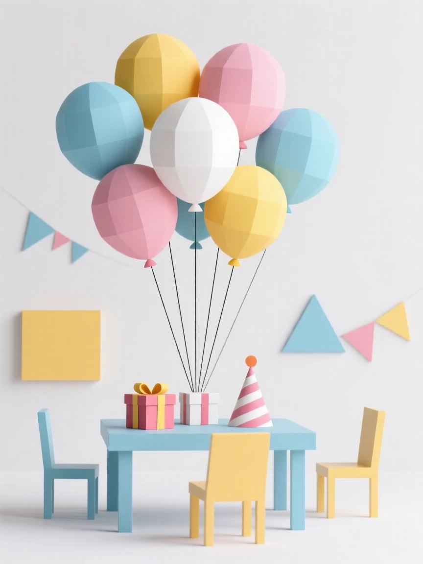 Balloons floating above a birthday party