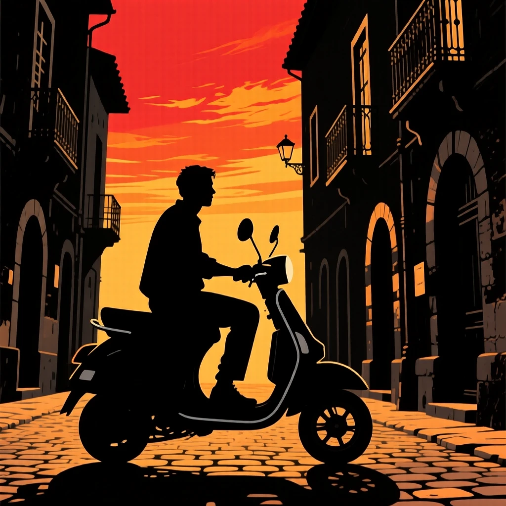A lone traveler riding a scooter through the narrow streets of an old town.