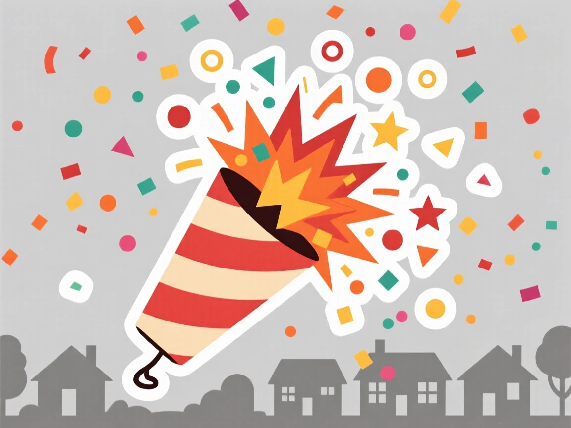 A warmly nostalgic confetti-filled party popper mid-explosion, surrounded by falling confetti, as the whole neighborhood celebrates together.