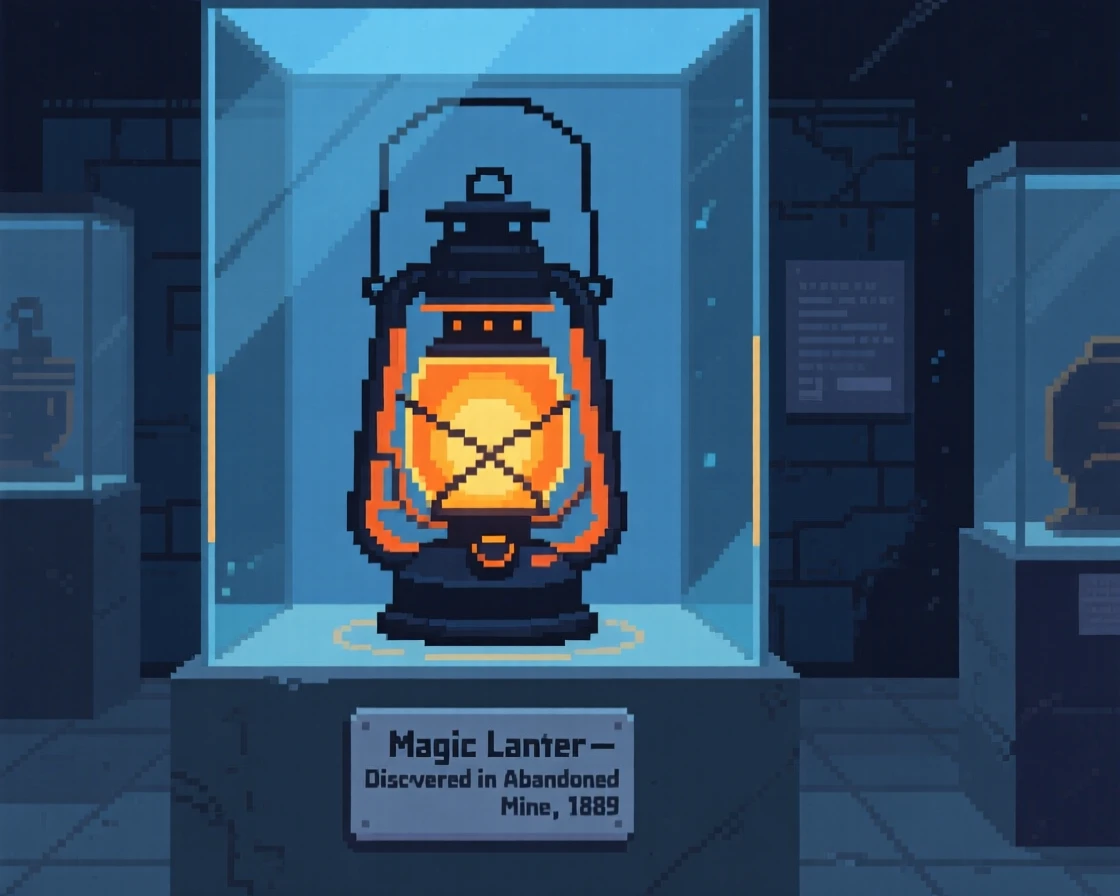 A glowing magic lantern found deep within an abandoned mine, in a museum display at midnight.