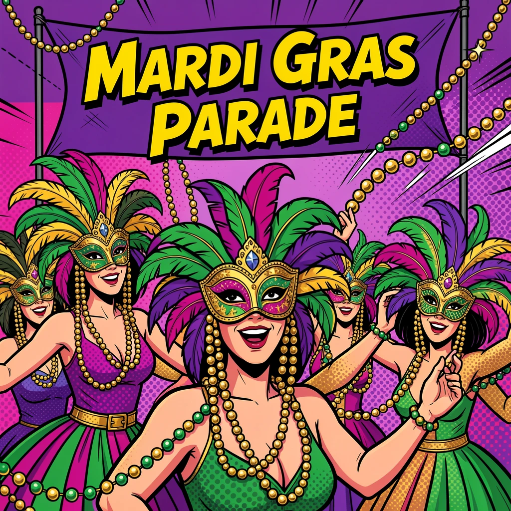A Mardi Gras parade with beads and lively masks