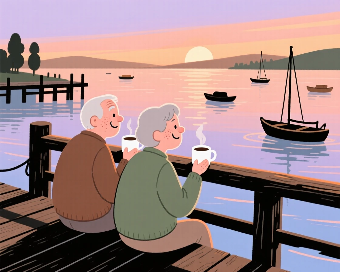 Two old friends sit on a dock railing overlooking the harbor at sunset, sharing cups of coffee and easy laughter as boats drift lazily across the water.